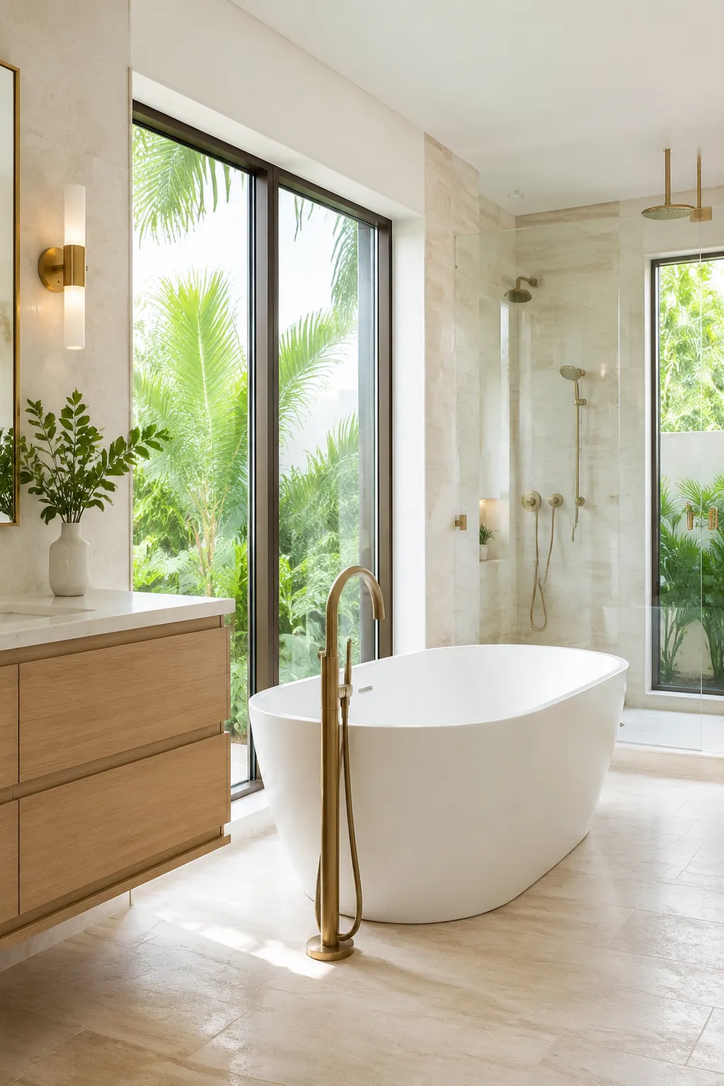 Bright South Florida bathroom with a freestanding soaking tub and tropical garden views