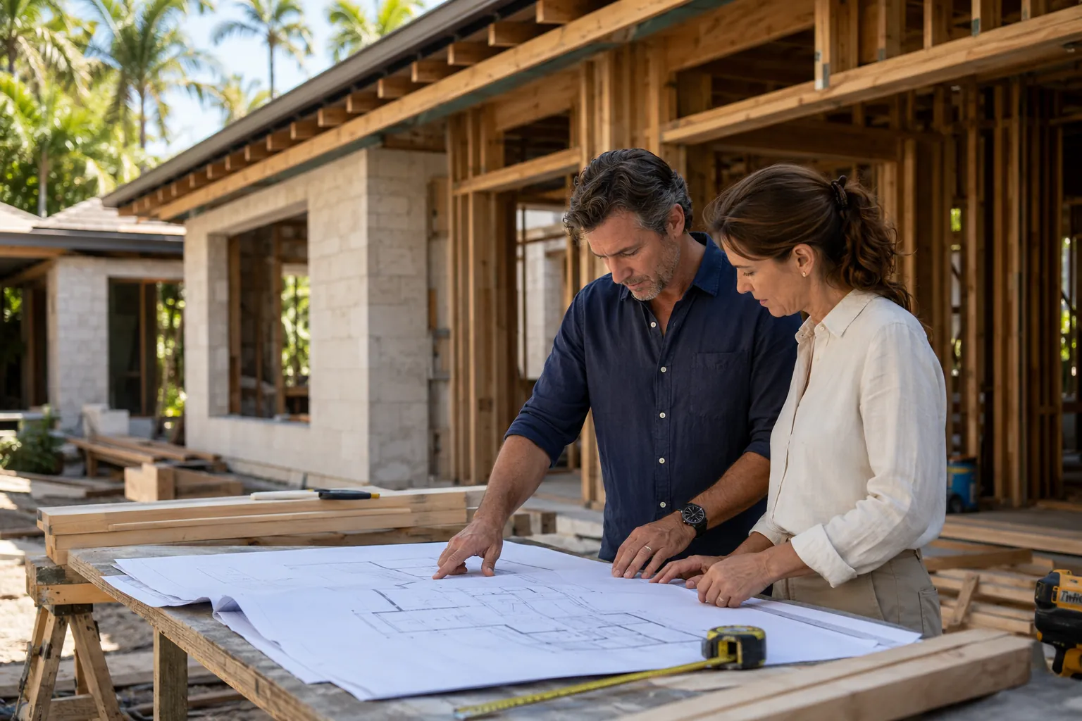 Contractor and architect reviewing plans at an active South Florida custom home construction site