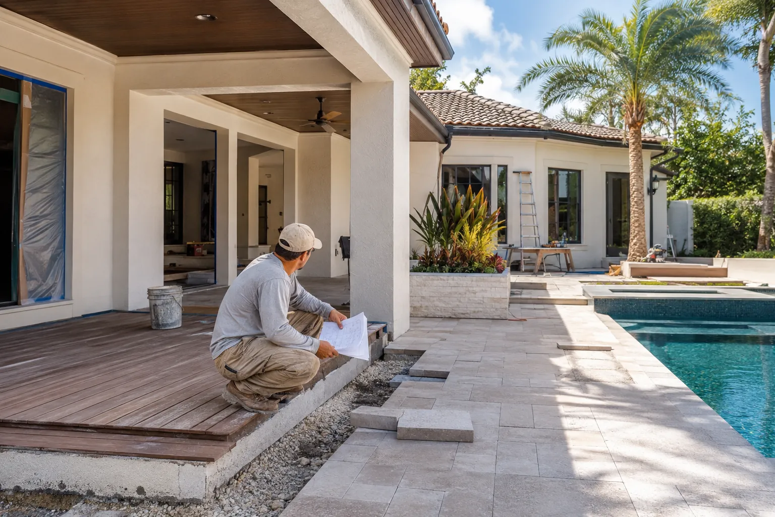 Contractor coordinating an upscale South Florida covered patio, pool deck and exterior renovation