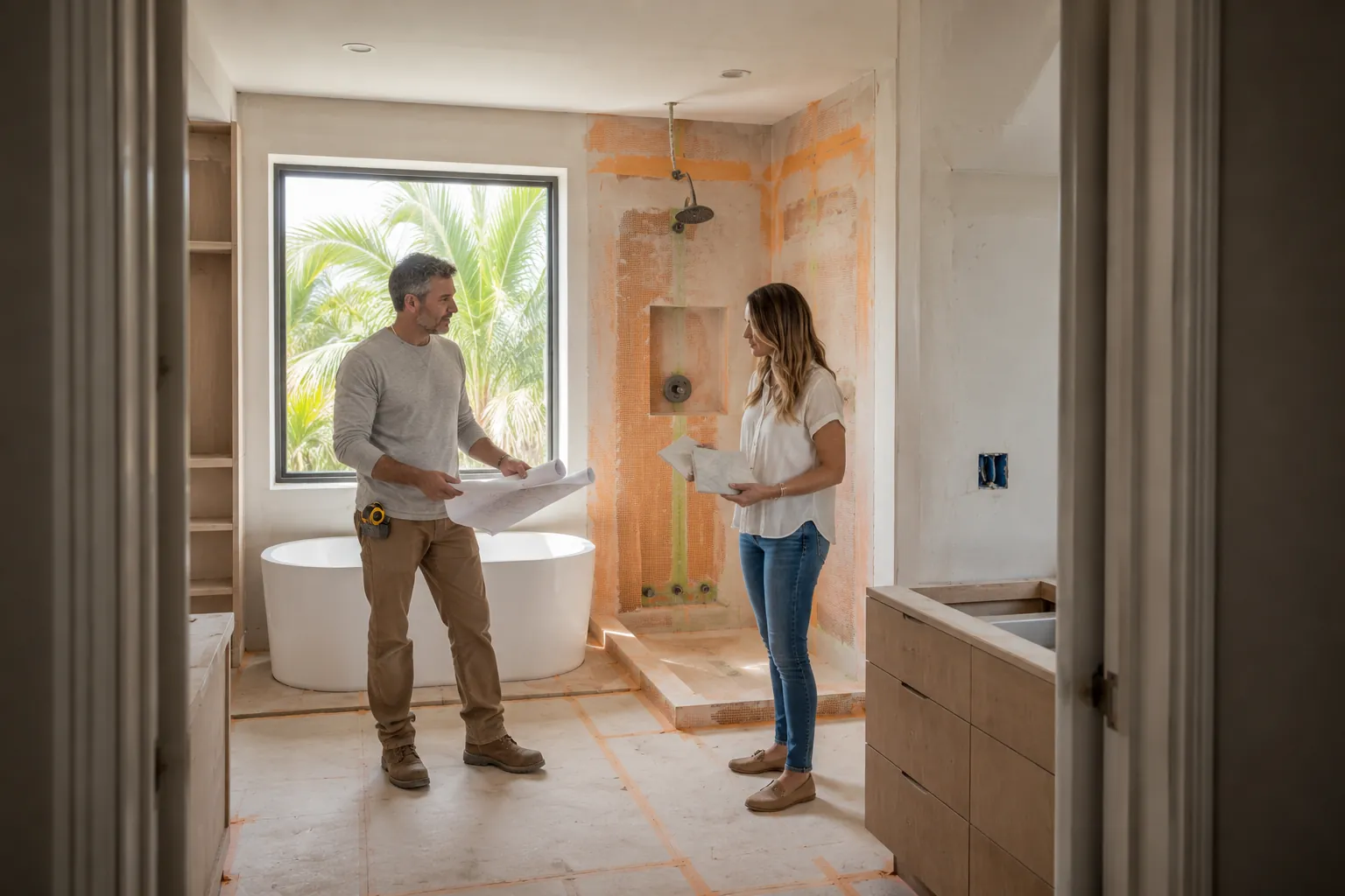 Contractor and homeowner planning a bathroom remodeling project in South Florida