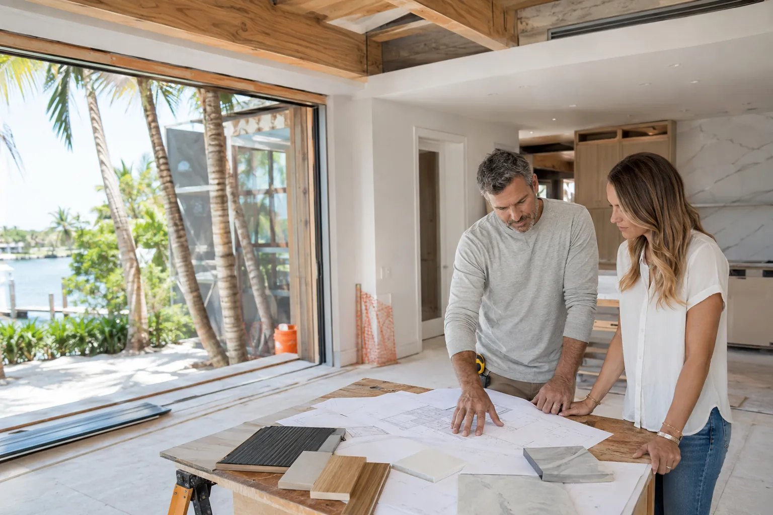 Contractor and homeowner planning a home improvement project in South Florida