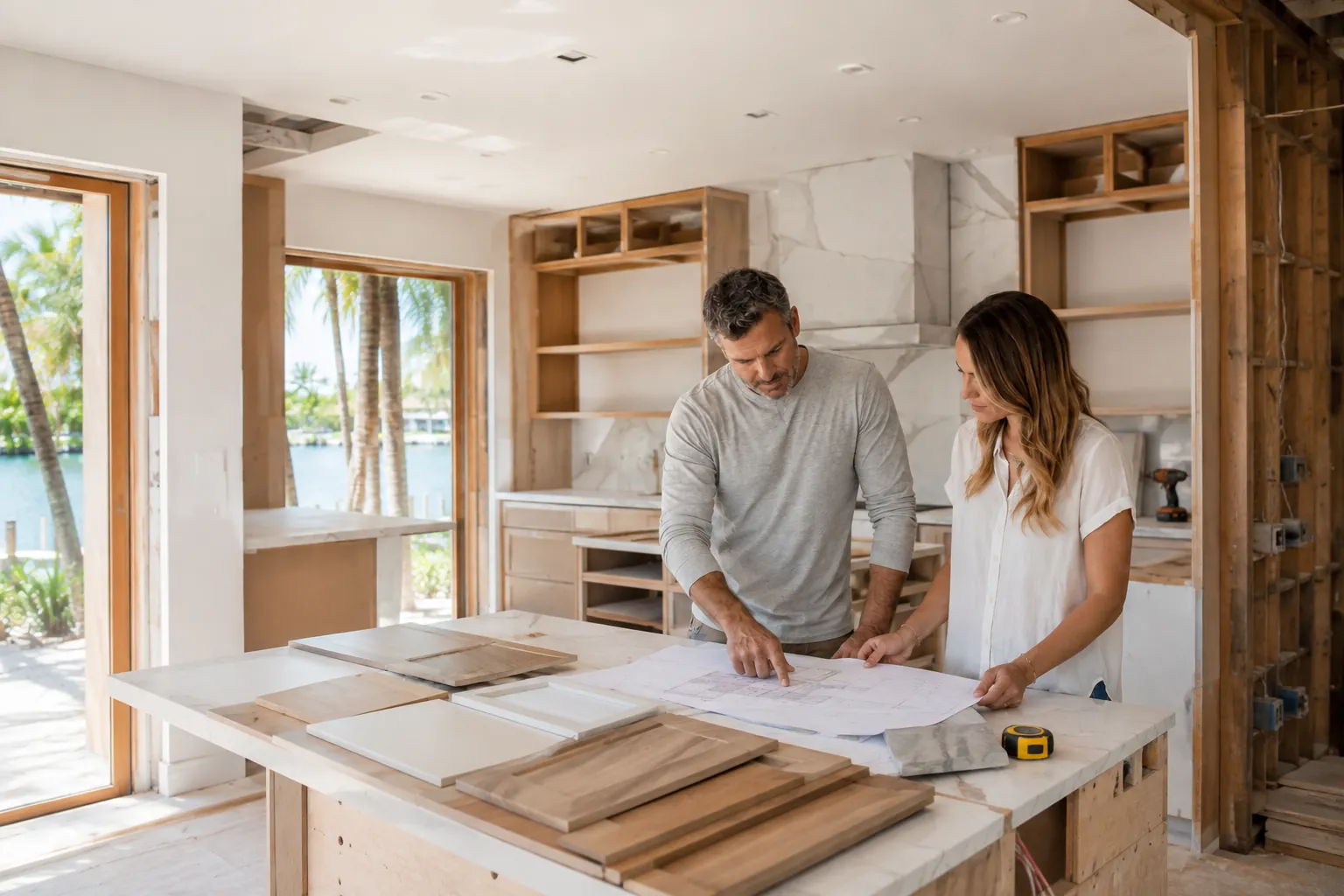Contractor and homeowner planning a office remodeling project in South Florida
