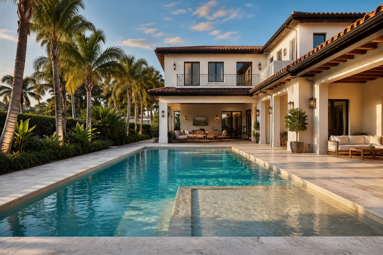 Luxury South Florida swimming pool with pale stone decking and tropical landscaping