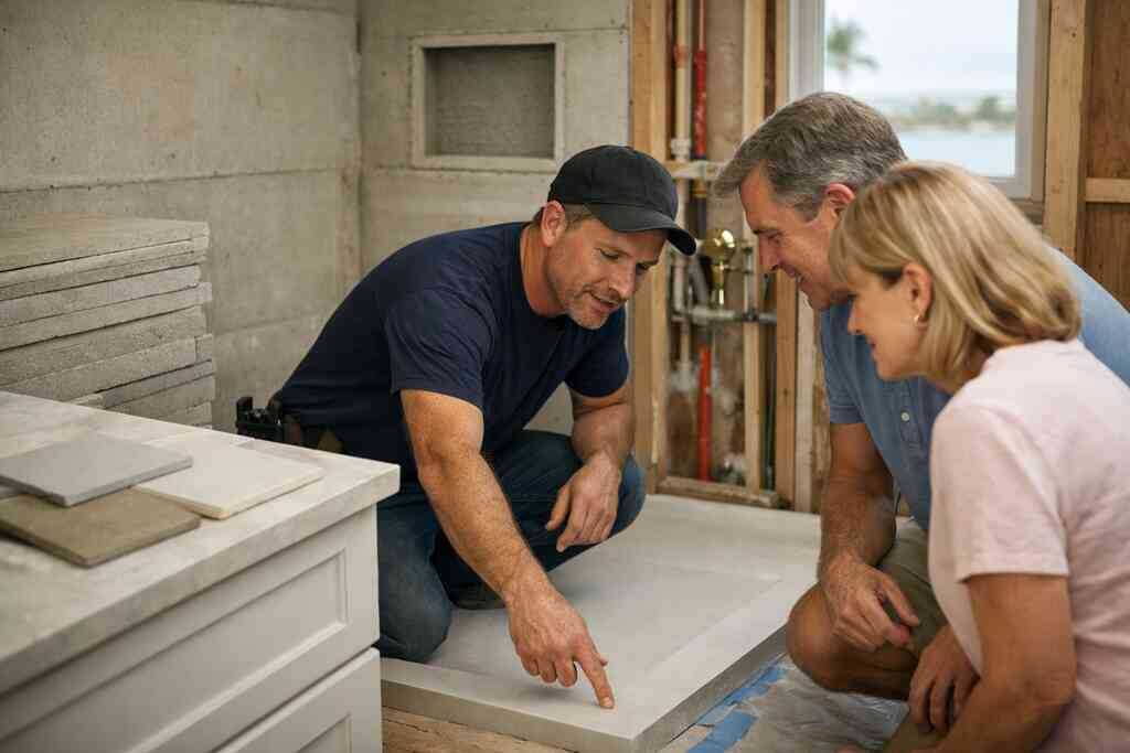 How custom bathroom cabinetry, vanity installation South Florida, and plumbing reroute for remodels affect layout and bu