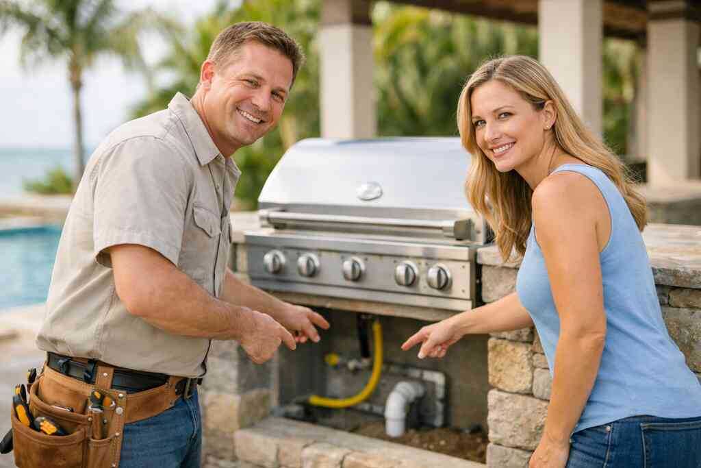 How to plan custom outdoor kitchen design around stainless steel outdoor cabinetry and stone veneer kitchen island detai